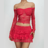 Lace off shoulder ruffle long sleeve solid mini skirt set